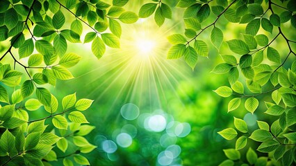 Wall Mural - Green leaves background with vibrant colors and sunlight filtering through the foliage, foliage, nature, greenery