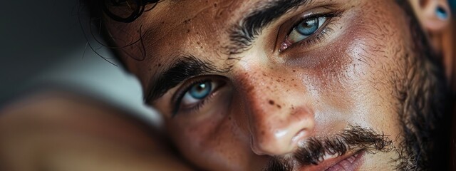 Wall Mural - freckled hair framing it, blue eyes gazing into the camera