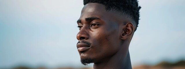 Wall Mural -  A tight shot of an individual in a black top and short-cropped hair against a backdrop of a clear, blue sky