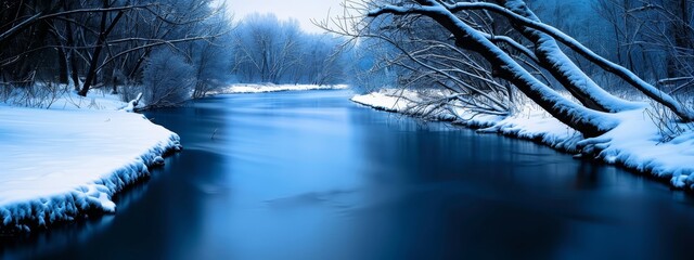 Poster -  A river encircled by snow-covered trees and a forest teeming with numerous tall, thin, leafless tree trunks