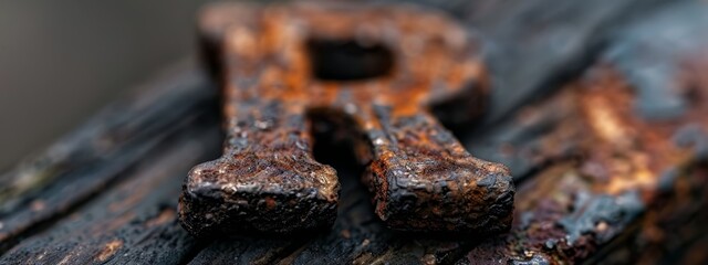 Poster -  A tight shot of a weathered metal object against a wooden backdrop, surrounded by more rusted metal items in the distance