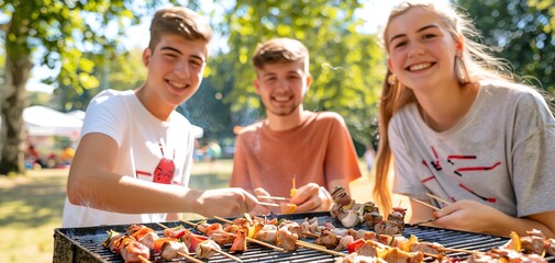 Three friends enjoy a sunny barbecue, grilling skewers filled with delicious ingredients in a vibrant outdoor setting.