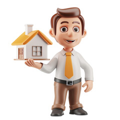 Poster - 3D icon - man holding 3D Real Estate Agent, on isolated transparent background