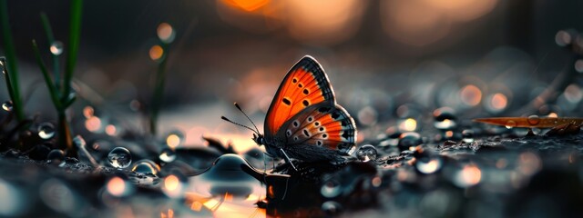 Poster -  A tight shot of a butterfly perched on a wet surface, with water droplets surrounding it In the backdrop, grass and scattered drops of water form a tranquil scene