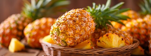 Canvas Print -  A tight shot of pineapples in a basket on a table, surrounded by more pineapples in the background