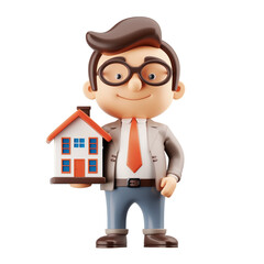 Poster - 3D icon - man holding 3D Real Estate Agent, on isolated transparent background