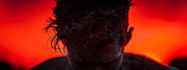 Poster -  A man with disheveled hair stands before a red traffic signal, his face partly concealed by the wind's gusts