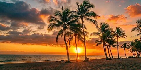 Wall Mural - vibrant sunset casting warm colors on calm beach with silhouetted palm trees , sunset, beach, tropic