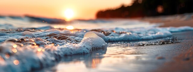 Wall Mural -  A tight shot of a wave crashing on the sandy beach In the background, rocks jut out from the water, framing a distant sun setting over the horizon