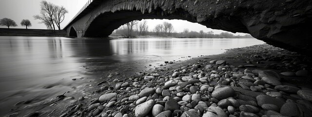 Wall Mural -  A monochrome image of a bridge spanning over a water body, featuring rocks in the foreground and trees in the background