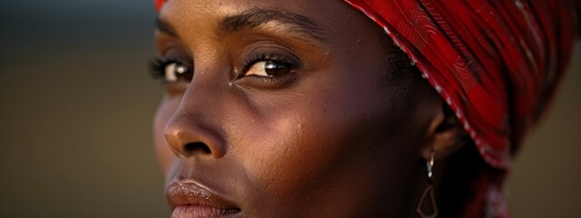 Wall Mural -  A woman in a red turban gazes off-kilter, her expression serious