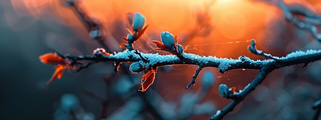 Poster -  A tree branch cloaked in snow, sun illuminating through it, snowflakes adorning the branches