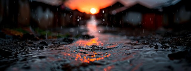 Wall Mural -  A tight shot of a building-backed puddle, street light in the foreground