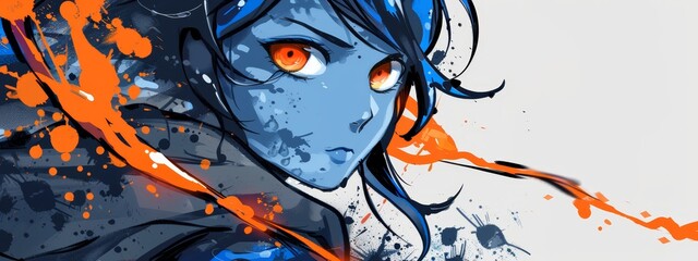 Canvas Print - Woman in blue attire, orange eyes, face adorned with orange paint splatters