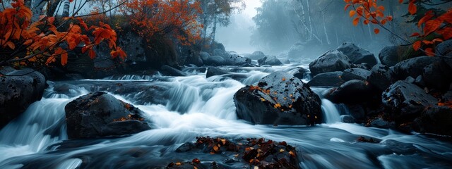 Wall Mural -  A forested stream teems with rocks and trees Orange-hued foliage populates the foreground, while a foggy backdrop cloaks the sky