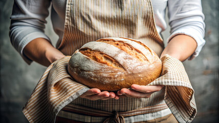 Wall Mural - Women Hands with fresh baked bread on a cotton towel. background banner with copy space background