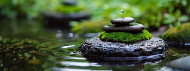 Sticker -  A stack of rocks atop a tranquil body of water, encircled by submerged greenery and surrounding rocks