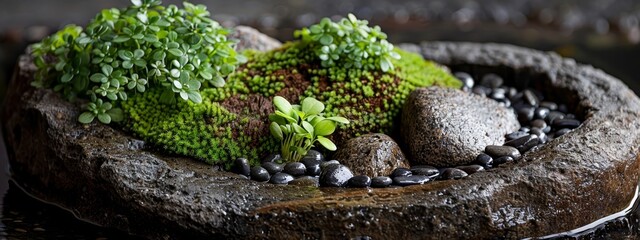 Wall Mural - rocks supporting lush greens sprouting from atop the table