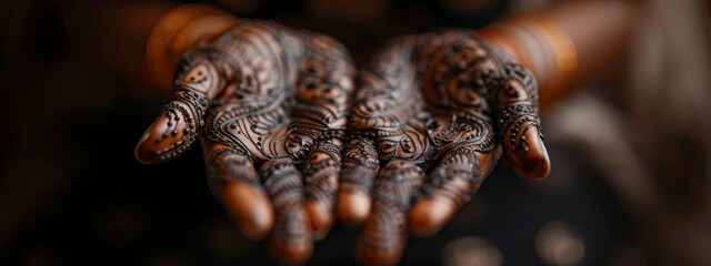 Wall Mural -  A close-up of hands displaying henna designs on their palms and backs