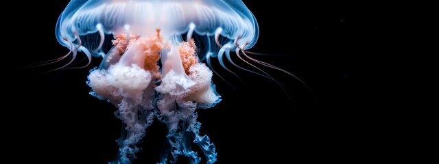 Wall Mural -  A tight shot of a jellyfish in the water, its bell-shaped body turning toward the viewer, giving an impression of a jellyfish face