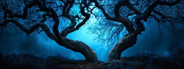  A painting of two trees, situated in a forest's heart, bathed in a blue glow from their ends