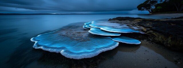  Group of blue rocks atop beach, beside body of water, beneath cloudy sky