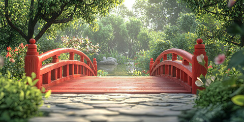 Canvas Print - A red wooden bridge in the park, surrounded by green trees and flowers, generative AI