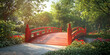 © VALUEINVESTOR - A red wooden bridge in the park, surrounded by green trees and flowers, generative AI