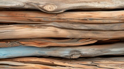 Weathered driftwood with a mix of textures and colors creating a rustic and natural wooden texture background with coastal charm and deep depth of field