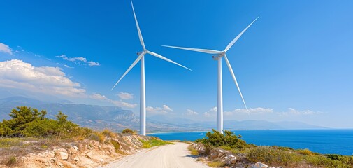 Scenic view featuring two wind turbines against a clear blue sky and coastal landscape, symbolizing renewable energy and sustainability.