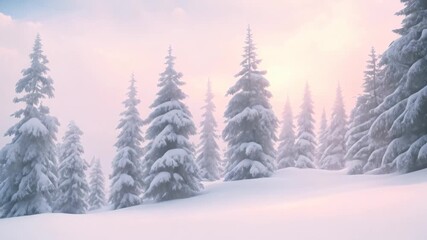 Canvas Print - Pine trees covered in snow under a pink sunset, Snow-covered pine trees against a soft pink sunset