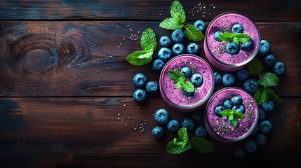 Poster -   Three blueberry smoothie glasses with mint sprinkles and fresh berries on a wooden table