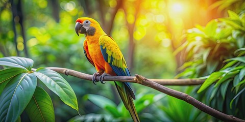 Wall Mural - Yellow parrot sitting on a branch in an African jungle with a vibrant leafy background, yellow, parrot, bird, African, jungle