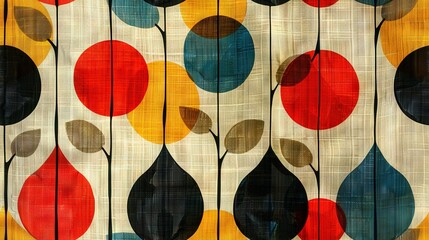 Wall Mural -   Closer look at fabric with leaf-circle pattern on white background featuring red, yellow, blue, and black hues