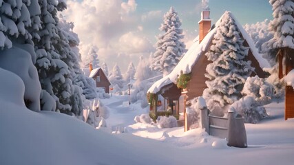 Sticker - A winter landscape featuring houses and trees covered in snow, Snow-covered trees and cozy winter scenes