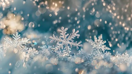 Canvas Print - Detailed view of snowflakes on a blue backdrop, Snowflakes gently falling from the sky