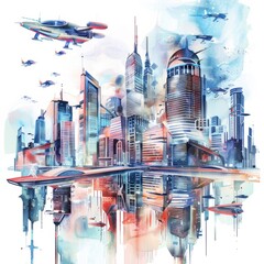 Wall Mural - Watercolor painting of a futuristic cityscape with skyscrapers and flying vehicles, on isolated white background, Generative AI