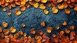© Shanti - Abstract art of orange leaf motifs against a blue-gray backdrop, with a dark grey center wall dividing the image