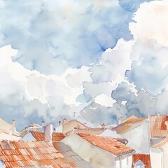 Wall Mural - Watercolor painting of a geometric arrangement of rooftops under a cloudy sky, on isolated white background, Generative AI