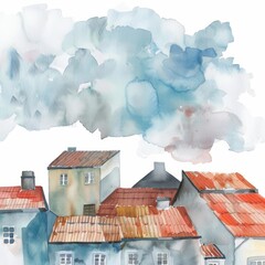 Wall Mural - Watercolor painting of a geometric arrangement of rooftops under a cloudy sky, on isolated white background, Generative AI