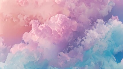 Canvas Print - Pastel pink and blue sky with fluffy clouds blending together in a soft gradient, Soft gradients of pastel colors blending together