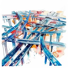 Wall Mural - Watercolor painting of a network of highways and overpasses intersecting in a modern city, on isolated white background, Generative AI