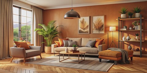 Cozy living room interior with modern furniture and warm colors, cozy, living room, interior, modern, furniture, warm, colors