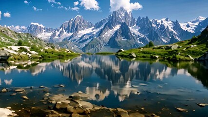 Canvas Print - Mountain ranges reflection in calm lake waters, Sun-kissed summits reflecting in crystal-clear lakes