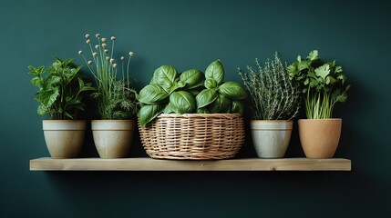 Poster -   A row of potted plants sits on a wooden shelf, framed by a teal-green wall