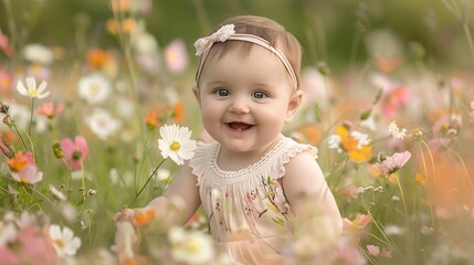 Poster - Capture the joy of a baby girl with chubby cheeks and bright eyes, sitting in a field of flowers.