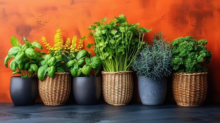 Poster -   A row of potted plants sits atop a table in front of an orange wall