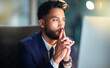 © HockleyM2/peopleimages.com - Business, man and thinking with computer in office for problem solving, trading solution or stock market ideas. Professional, trader or planning at night with cryptocurrency contemplation or review