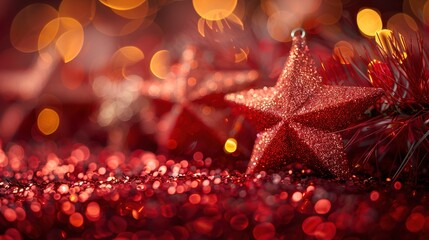   Red star ornament on top of Christmas tree with golden tinsel