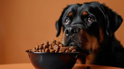 Rottweiler dog eating dog food , studio shot isolated on single color background ,editorial style, shoot by DSLR.